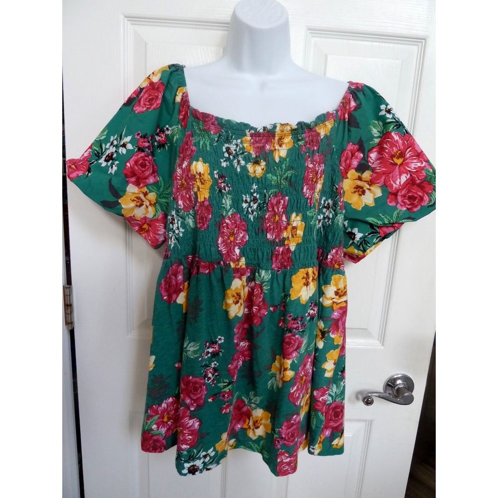 Torrid Plus Size 2 Smocked Balloon Sleeve Floral Blouse Green Square Neck Top